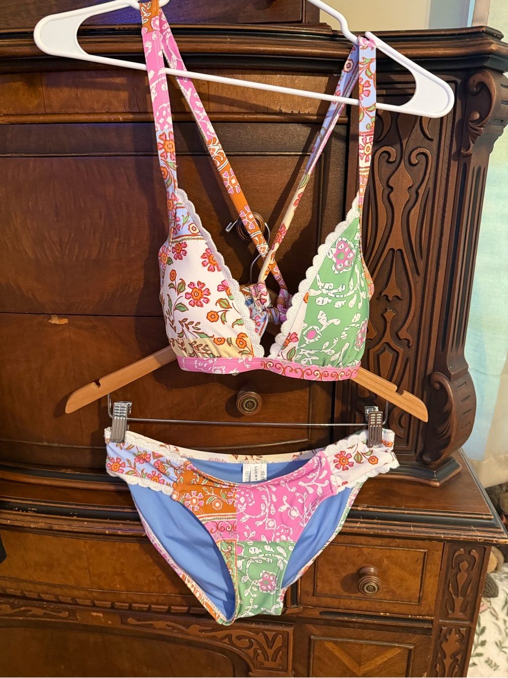 Lucky brand Patchwork Floral Triangle Bikini Set in Pink, Green & Blue NWOT